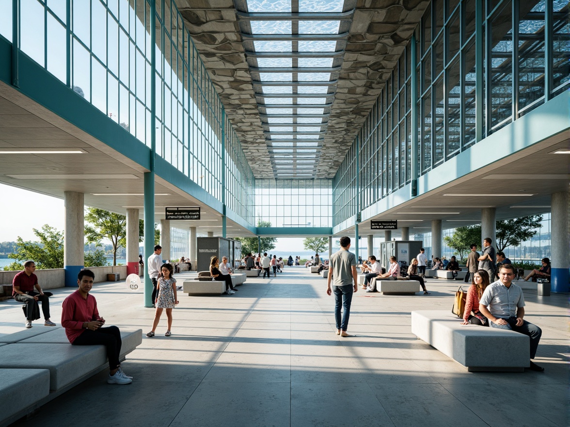 Prompt: Modern coastal metro station, sleek glass ceilings, polished concrete floors, ocean-inspired color scheme, wavy patterns, nautical-themed signage, comfortable seating areas, natural stone accents, energy-efficient lighting, minimalist decor, stainless steel handrails, large windows with sea views, bustling pedestrian traffic, morning sunlight, soft ambient music, shallow depth of field, 1/1 composition, realistic textures, subtle ocean breeze sounds.