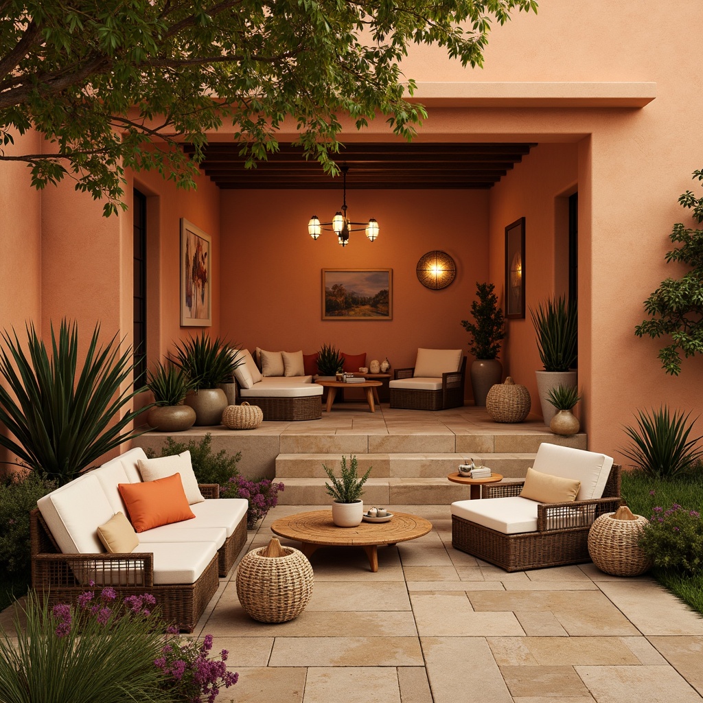 Prompt: Vibrant apricot hues, warm golden tones, soft peach accents, rich terracotta shades, earthy sienna undertones, creamy beige backgrounds, lush greenery, natural stone textures, rustic wooden elements, woven wicker furniture, cozy lantern lighting, serene ambiance, 1/2 composition, shallow depth of field, realistic renderings, ambient occlusion.