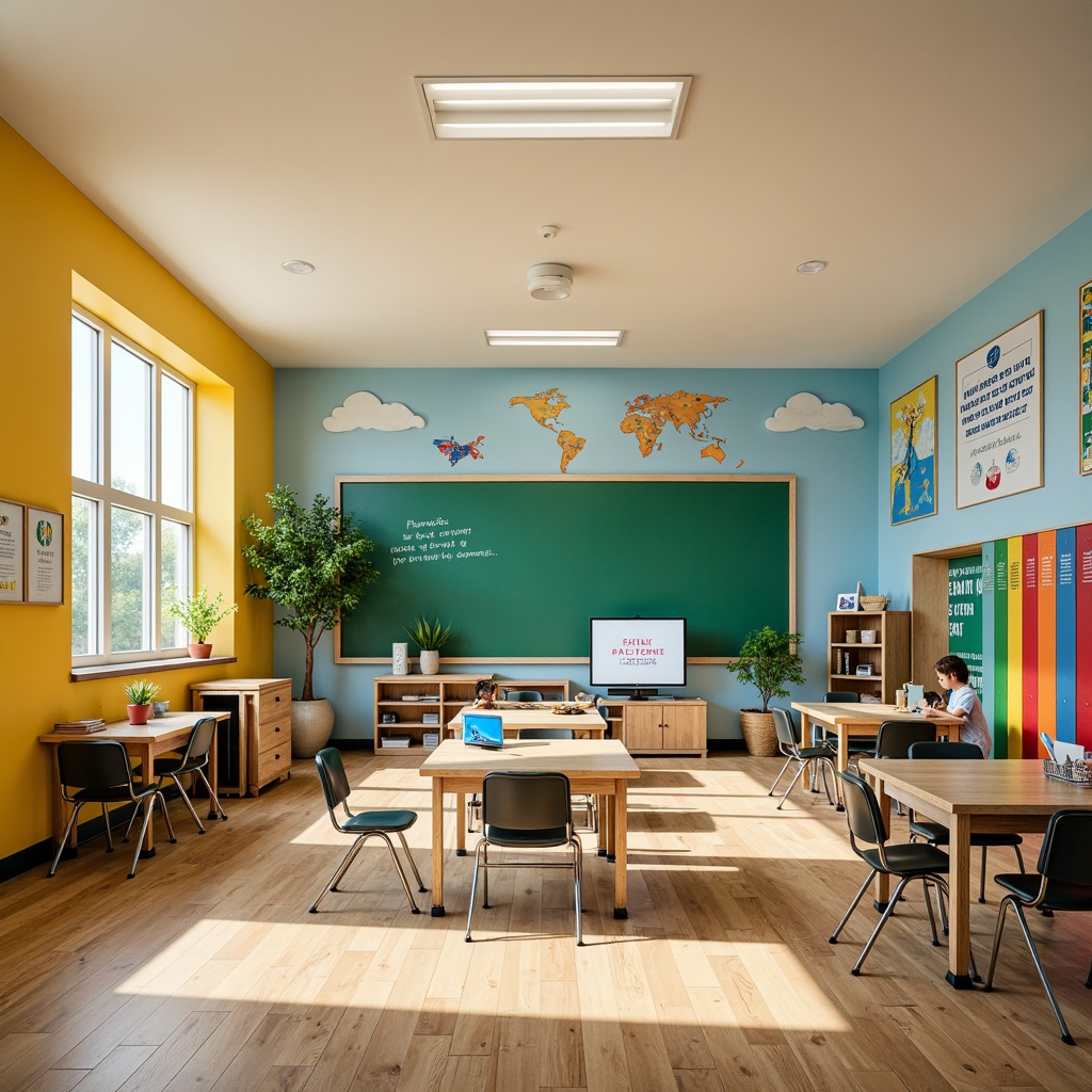 Prompt: Vibrant elementary school, bright yellow walls, sky blue accents, green chalkboard, wooden floors, colorful lockers, playful murals, inspirational quotes, modern furniture, ergonomic chairs, collaborative workspaces, natural light, warm beige tones, educational graphics, interactive displays, stimulating atmosphere, shallow depth of field, 1/2 composition, softbox lighting, realistic textures.