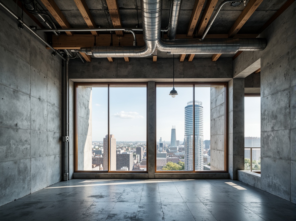 Prompt: Concrete foundation, steel beams, exposed ductwork, industrial pipes, metal columns, minimalist architecture, open floor plan, natural light pouring in, urban cityscape, modern skyscraper, sleek glass facade, cantilevered roofs, angular lines, geometric shapes, functional design, innovative engineering solutions, 3/4 composition, low-angle shot, dramatic lighting, realistic textures, ambient occlusion.