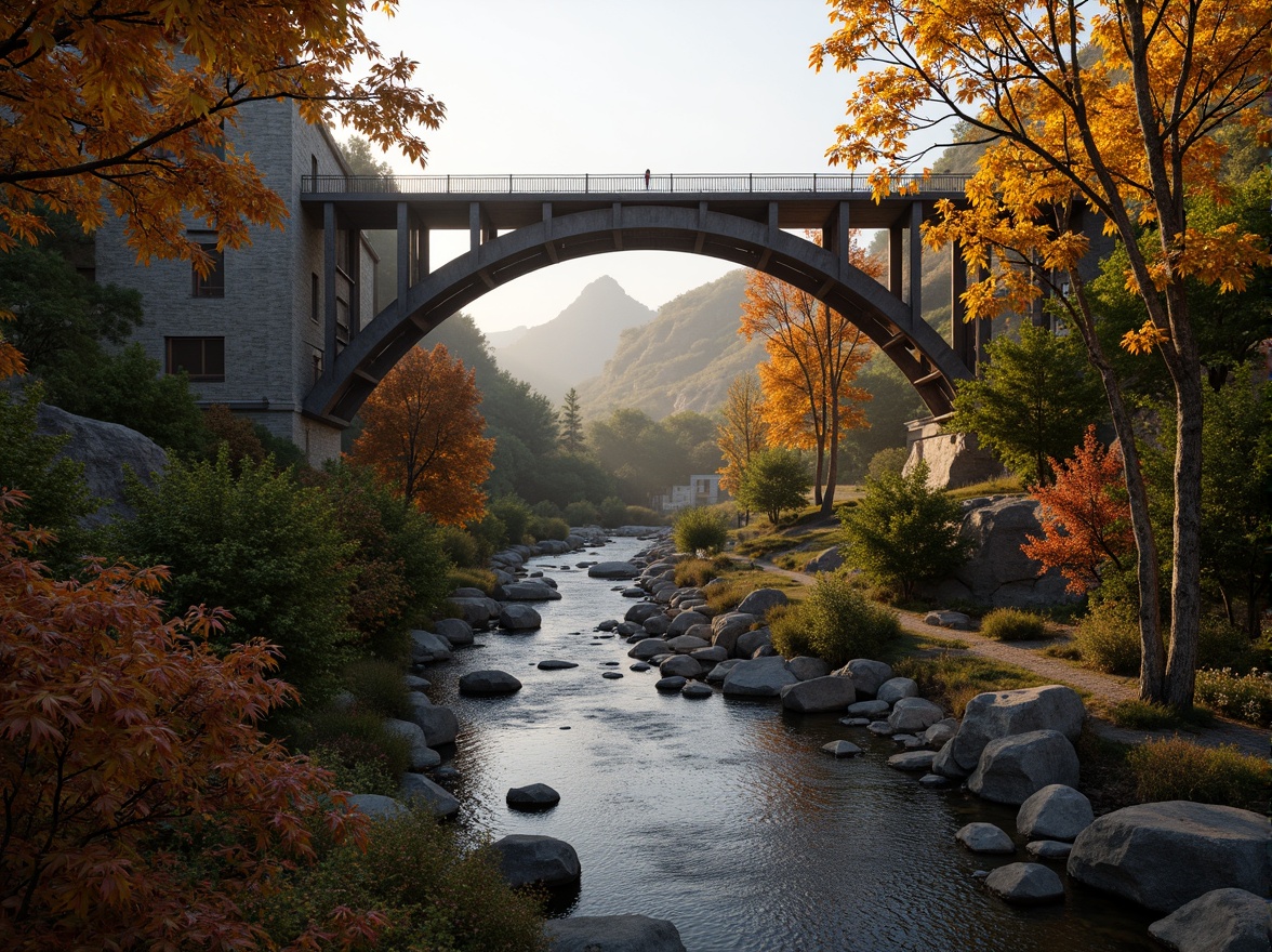 Prompt: \Rustic steel bridge, meandering river, lush greenery, rocky cliffs, misty atmosphere, soft warm lighting, shallow depth of field, 3/4 composition, panoramic view, realistic water textures, ambient occlusion, natural stone piers, wooden railings, organic shapes, flowing curves, harmonious integration with surroundings, serene ambiance, vibrant autumn foliage, rustic pathways, scenic viewpoints, dramatic sunsets.\Let me know if this meets your expectations!