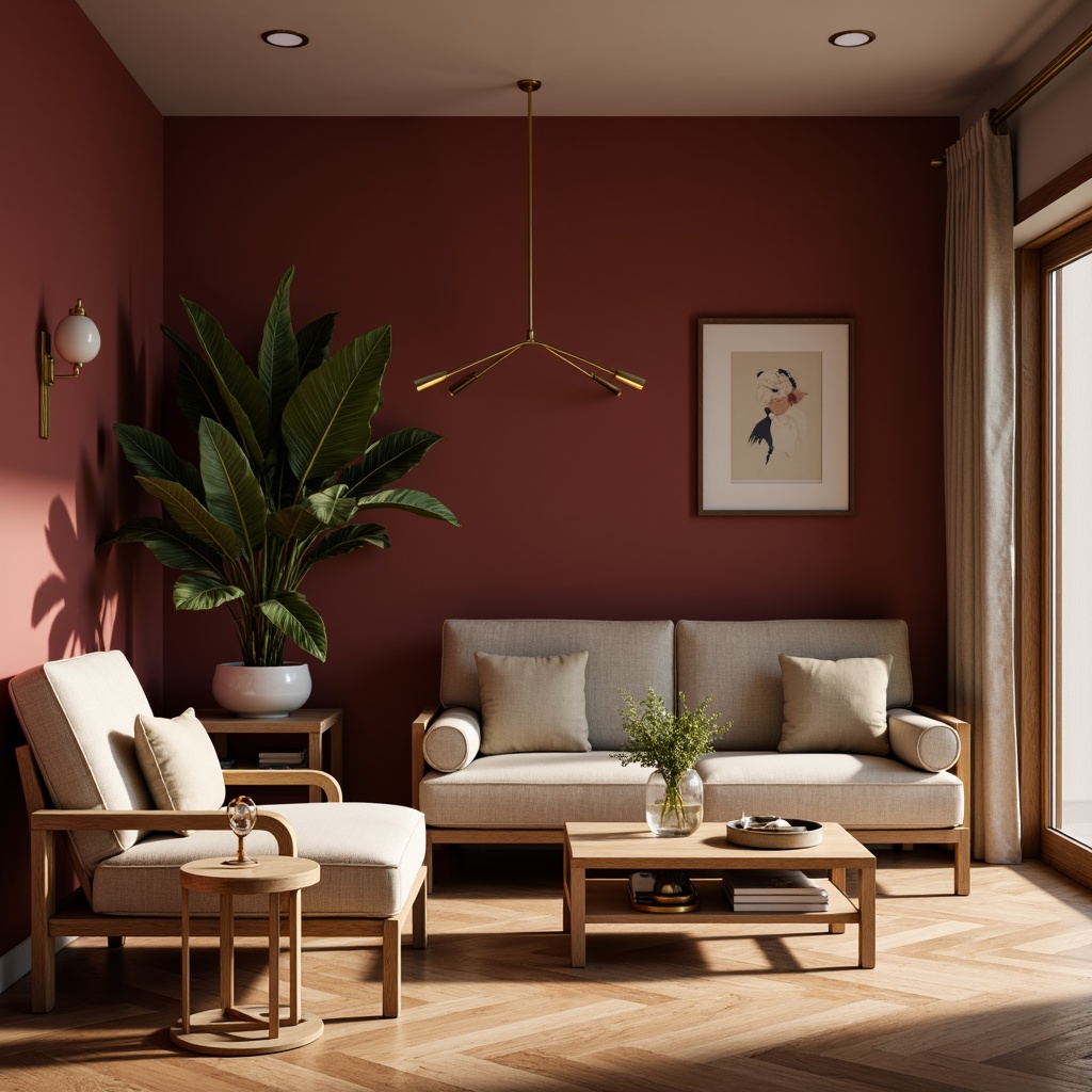 Prompt: Rich maroon accent walls, earthy terracotta floors, creamy beige furniture, soft sage greenery, natural wood textures, elegant gold hardware, subtle cream undertones, warm atmospheric lighting, shallow depth of field, 2/3 composition, cinematic perspective, realistic material reflections, ambient occlusion.