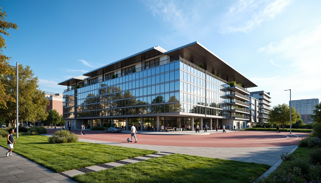 Prompt: Modern international-style gymnasium fa\u00e7ade, sleek glass surfaces, metallic frames, minimalist ornamentation, rectangular shapes, cantilevered roofs, open balconies, steel railings, athletic track surroundings, vibrant greenery, urban landscape, clear blue sky, sunny day, soft natural lighting, shallow depth of field, 3/4 composition, realistic textures, ambient occlusion.