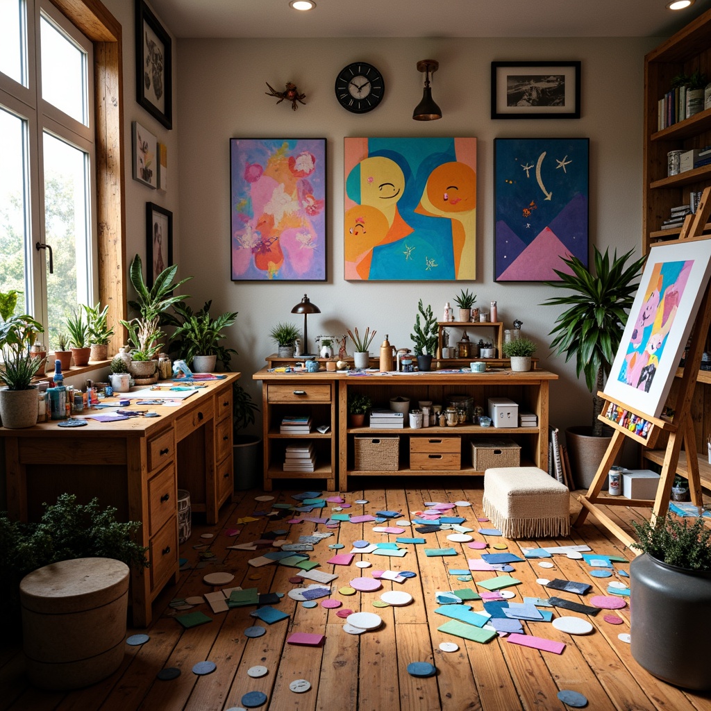 Prompt: Vibrant art studio, eclectic artist's desk, scattered paint tubes, brushes, and canvases, warm natural light, wooden floorboards, rustic easel, rich textiles, bold colorful artwork, pastel color swatches, harmonious palette, analogous colors, triadic composition, high-contrast accents, metallic sheen, matte finishes, soft brushstrokes, expressive splatters, artistic freedom, bohemian chic, eclectic decor, creative chaos, inspiring atmosphere.