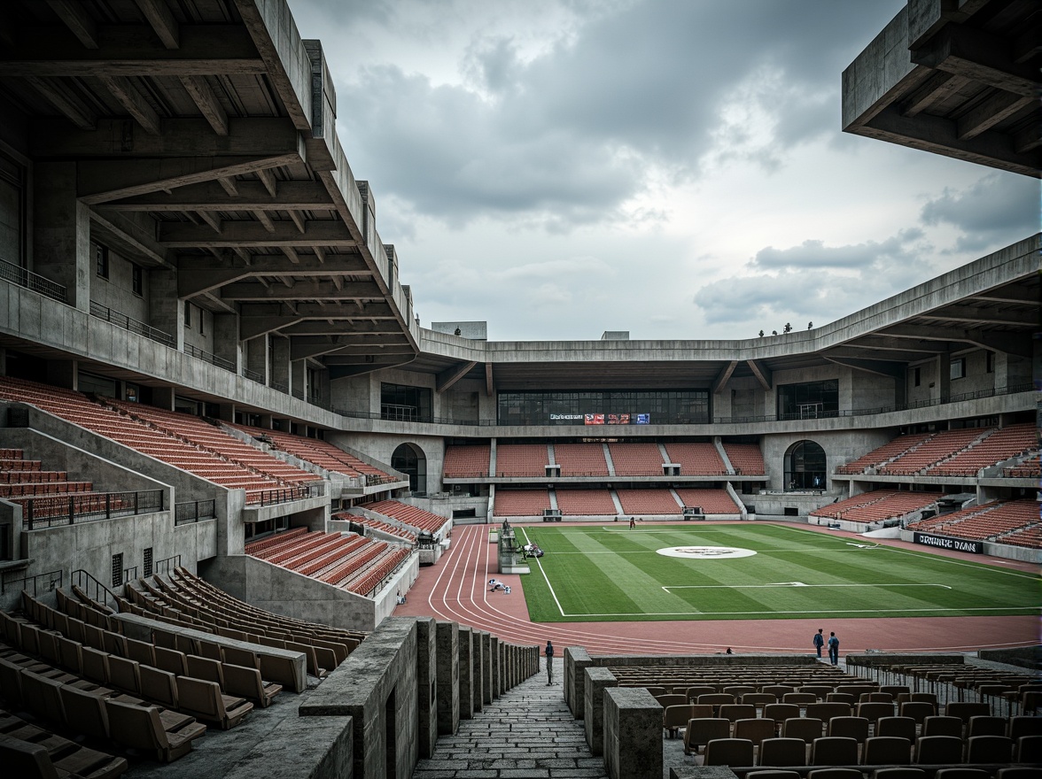 Prompt: Raw concrete grandstands, rugged stone walls, angular steel beams, exposed ductwork, functionalist design, utilitarian aesthetics, athletic track lanes, soccer fields, rugby pitches, tennis courts, basketball courts, volleyball nets, goalposts, stadium seating, industrial-style lighting, harsh overhead lighting, dramatic shadows, low-angle photography, moody atmospheric conditions, overcast skies, bold typography, minimalist signage, weathered textures, rough-hewn materials, brutalist architecture, functional simplicity.