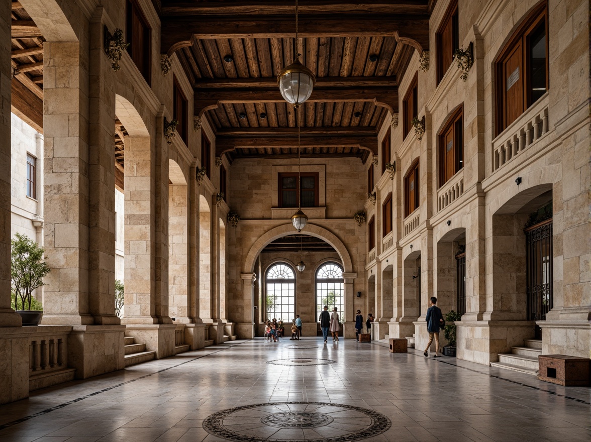 Prompt: Grand Renaissance palace, ornate stone carvings, rustic natural stone walls, arched windows, Gothic-inspired doorways, intricate marble flooring, ornamental columns, vaulted ceilings, subtle warm lighting, soft focus, shallow depth of field, 1/1 composition, panoramic view, realistic textures, ambient occlusion.