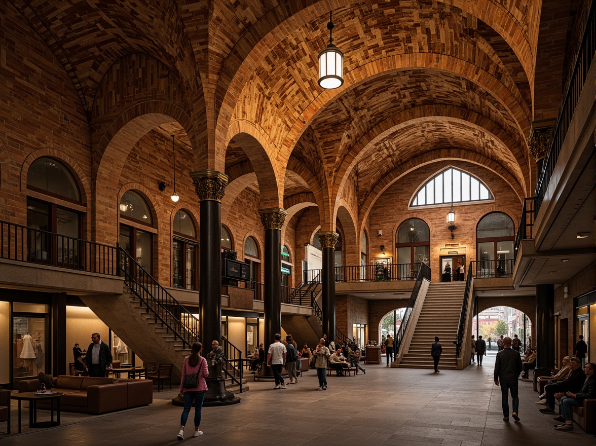 Prompt: Rustic underground metro station, arched brick ceilings, ornate stone carvings, grandiose vaulted spaces, robust columns, intricate masonry patterns, warm earthy tones, medieval-inspired design, grand staircases, decorative ironwork, historic Romanesque style, urban transportation hub, busy pedestrian traffic, soft warm lighting, shallow depth of field, 1/2 composition, realistic textures, ambient occlusion.