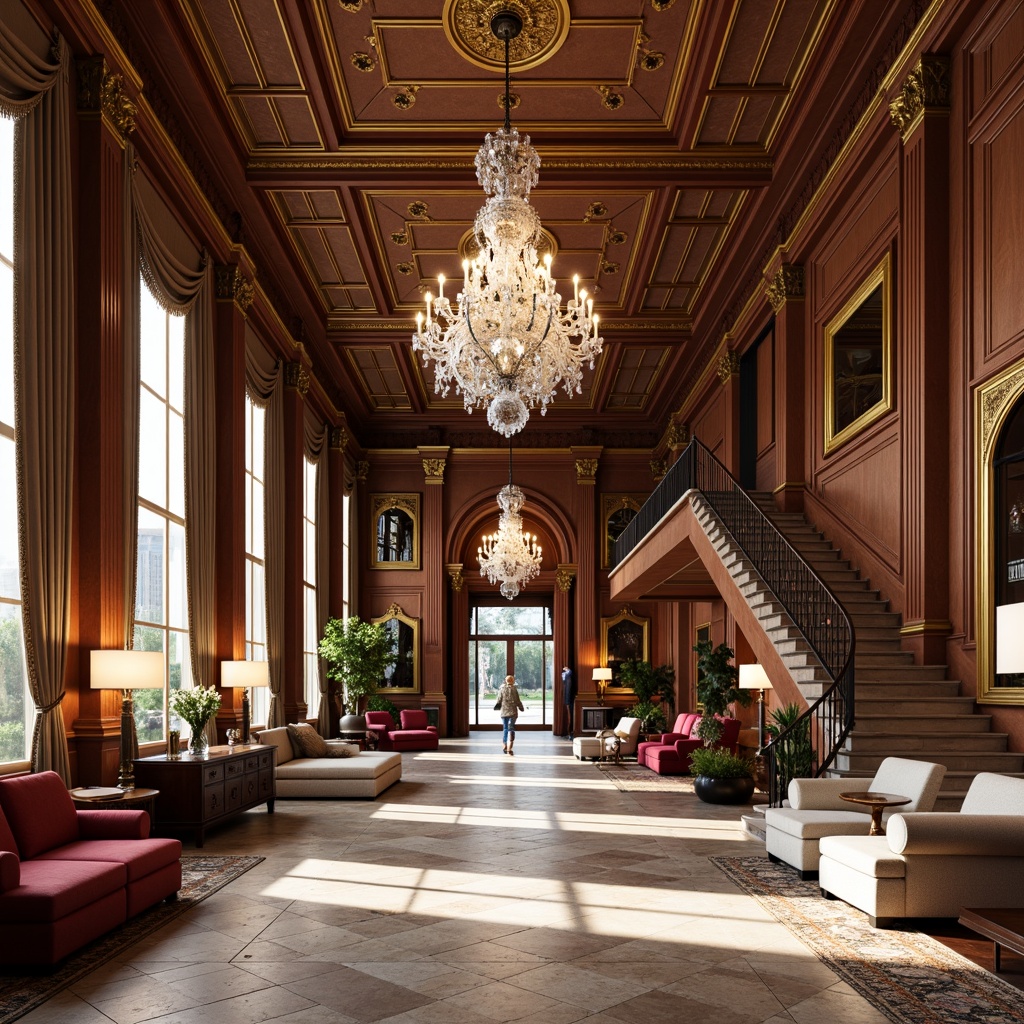 Prompt: Grand neoclassical interior, high ceilings, ornate moldings, crystal chandeliers, marble flooring, intricate patterns, luxurious fabrics, velvet drapes, gilded frames, ornamental mirrors, carved wooden paneling, symmetrical composition, classical columns, archways, grand staircases, sweeping curves, rich wood tones, elegant furniture, refined lighting, soft warm ambiance, shallow depth of field, 2/3 composition, realistic textures, ambient occlusion.