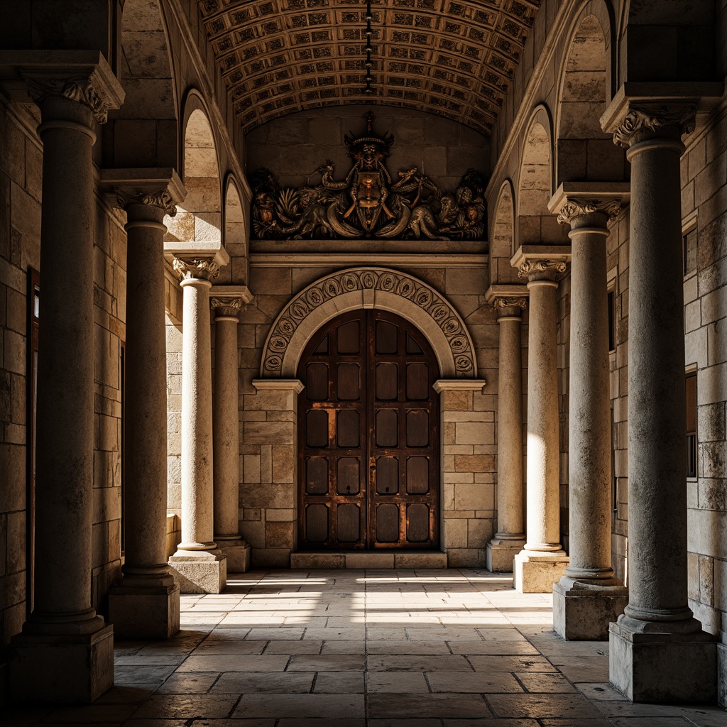 Prompt: Ancient Romanesque architecture, worn stone walls, rustic brick textures, ornate carvings, Gothic arches, grandiose columns, intricate mosaics, weathered copper accents, aged wooden doors, mysterious ambient lighting, shallow depth of field, 1/1 composition, realistic normal maps, detailed specular highlights.