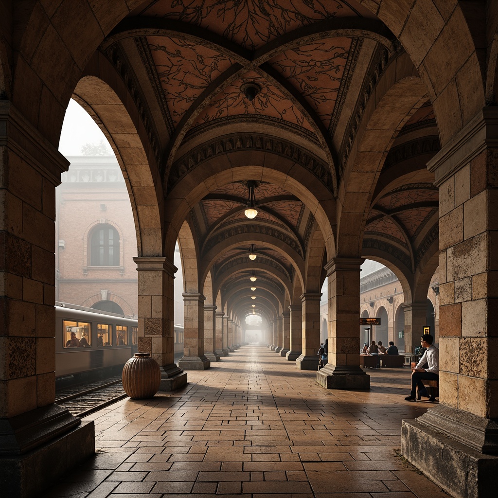 Prompt: Grandiose metro station, rugged stone walls, ornate archways, rusticated stonework, robust columns, vaulted ceilings, dramatic lighting, intricate carvings, ornamental capitals, decorative stringcourses, richly textured brickwork, warm earthy tones, medieval-inspired architecture, imposing scale, dramatic depth of field, 1/1 composition, atmospheric misting, realistic stone textures.