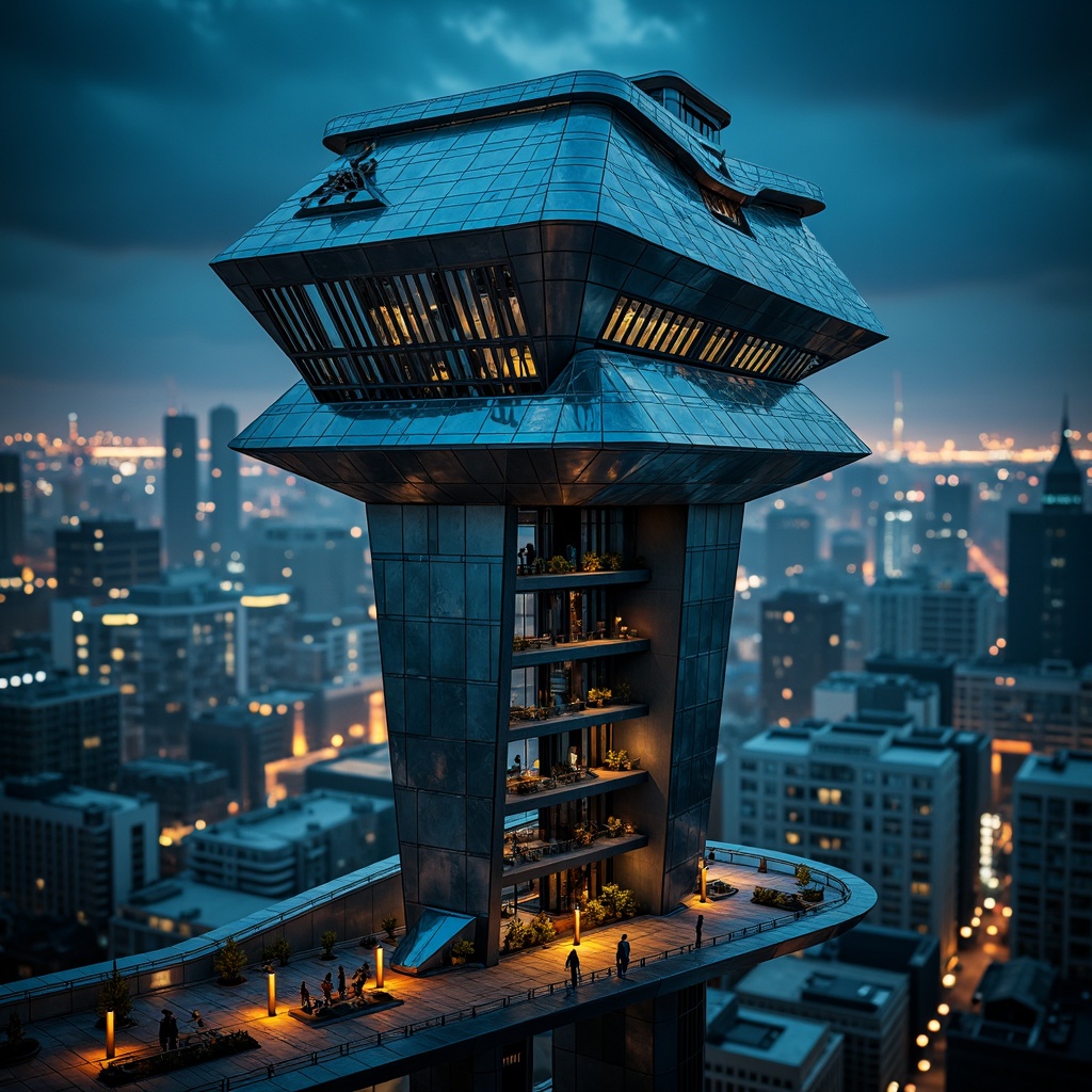 Prompt: Futuristic watchtower, sleek metallic facade, dynamic LED lighting, angular geometric shapes, modern minimalist design, cantilevered observation decks, panoramic city views, high-tech surveillance systems, advanced communication equipment, reinforced concrete structures, durable weather-resistant materials, intricate mechanical details, dramatic nighttime illumination, shallow depth of field, 1/1 composition, realistic textures, ambient occlusion.