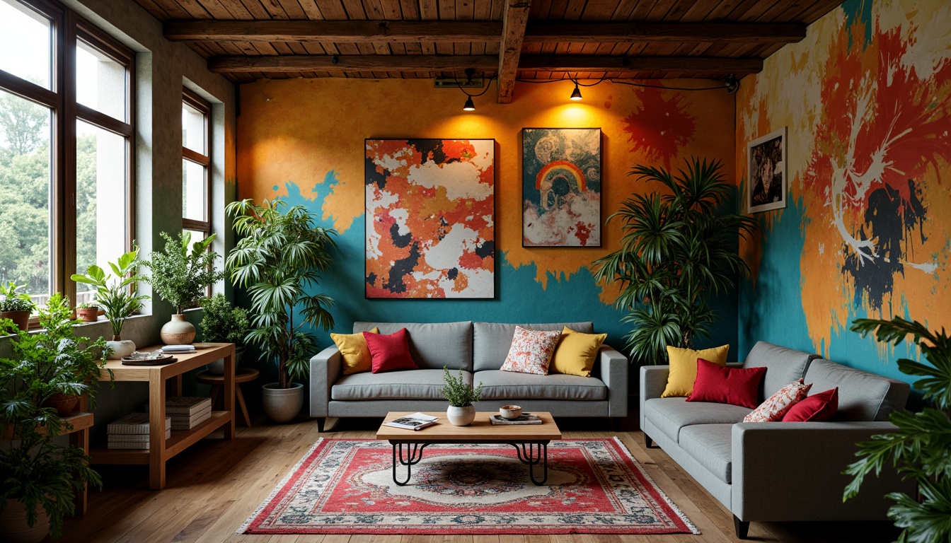 Prompt: Vibrant artistic studio, eclectic bohemian decor, rich jewel-toned walls, bold brushstroke textures, whimsical abstract patterns, lush greenery, natural wood accents, cozy atmospheric lighting, soft warm tones, relaxed creative vibe, artistic freedom, expressive color palette, harmonious contrasting hues, emotive visual storytelling, dynamic composition, 3/4 aspect ratio, cinematic color grading.