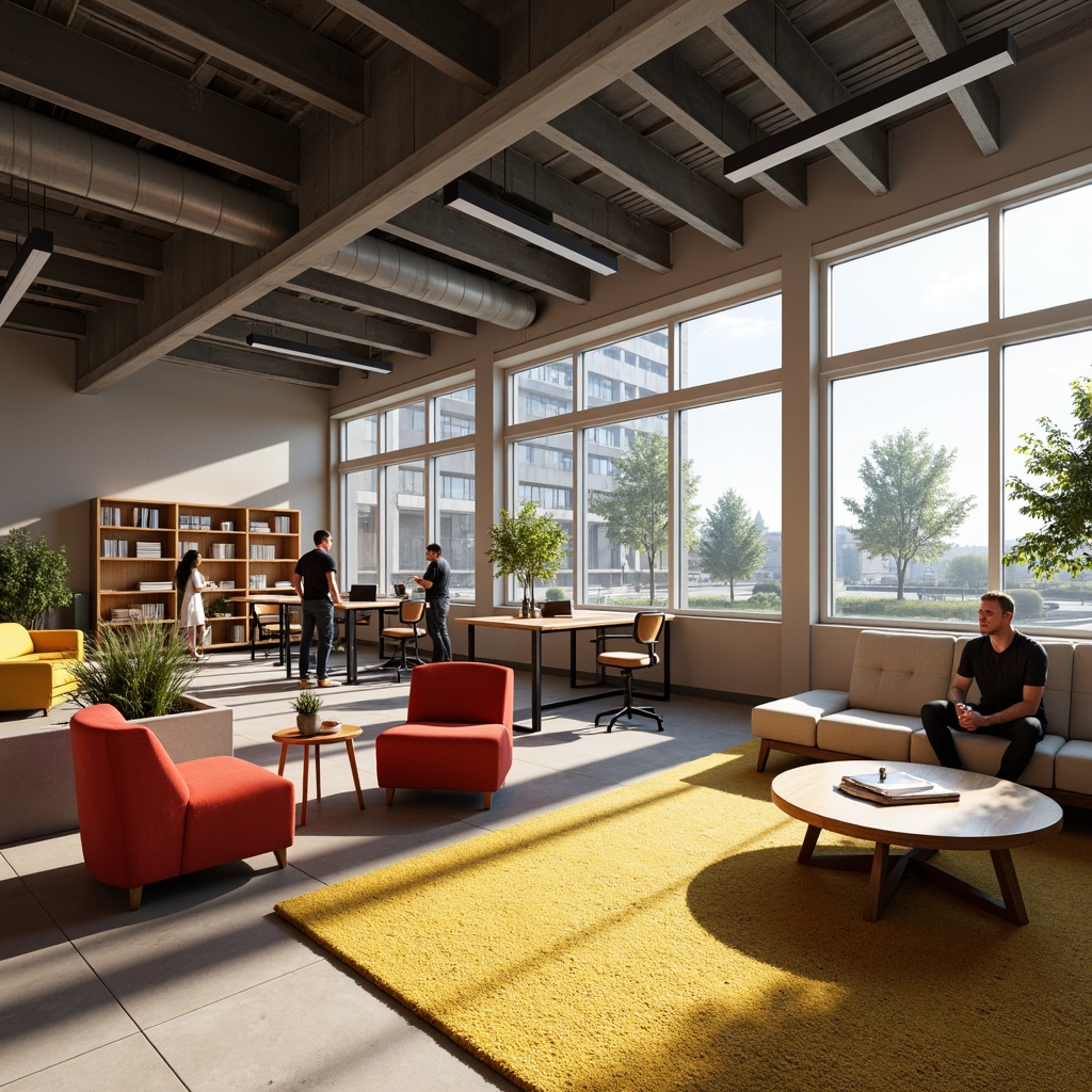 Prompt: Cozy student lounge, modern furniture, vibrant color scheme, communal study areas, ergonomic desks, comfortable seating, ample natural light, floor-to-ceiling windows, minimalist decor, functional shelving units, sleek metal frames, polished wood accents, soft warm lighting, 1/1 composition, realistic textures, ambient occlusion.