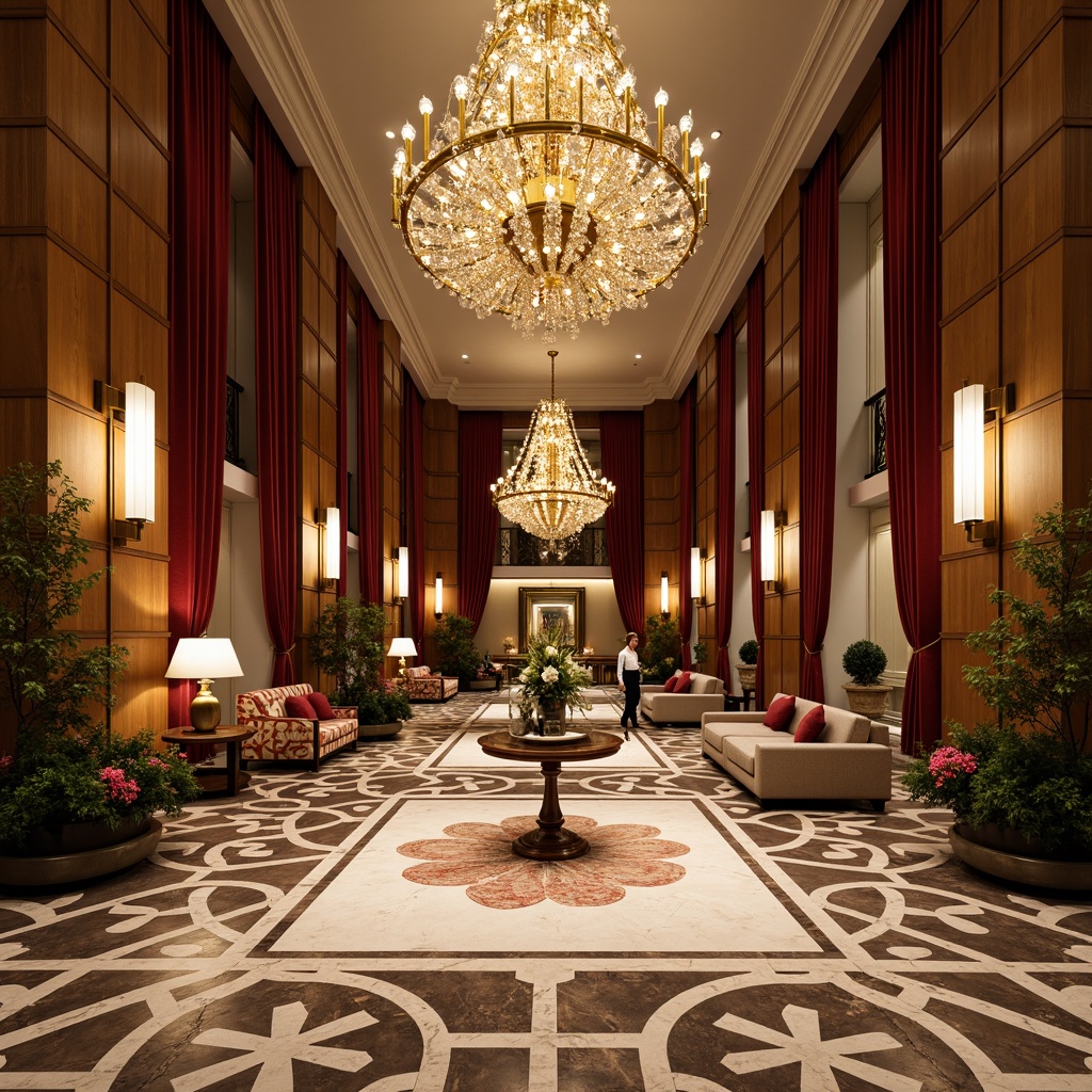 Prompt: Luxurious hotel lobby, intricately patterned marble floors, grandiose chandeliers, opulent furnishings, velvet drapes, ornate metalwork, gilded accents, lavish flower arrangements, majestic staircases, crystal sconces, refined wood paneling, sumptuous textiles, warm golden lighting, shallow depth of field, 2/3 composition, realistic reflections, ambient occlusion.