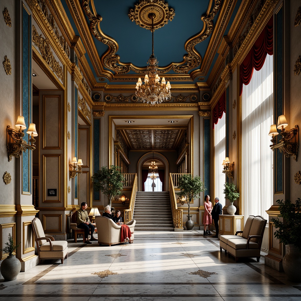 Prompt: Majestic buildings, Prussian blue accents, golden ornaments, intricately carved details, luxurious marble floors, grand staircases, opulent chandeliers, lavish furnishings, ornate mirrors, rich velvet drapes, regal atmosphere, warm soft lighting, shallow depth of field, 3/4 composition, realistic textures, ambient occlusion.