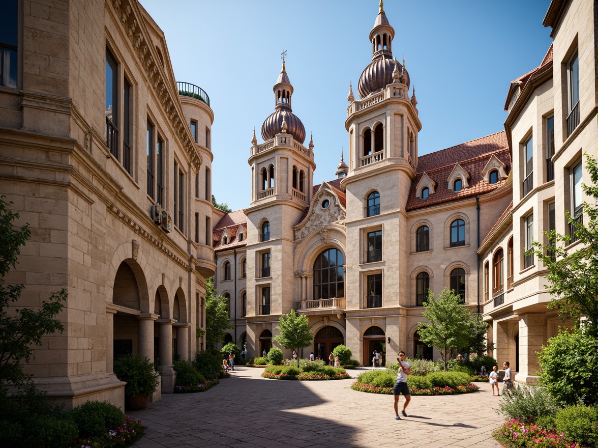 Prompt: Grand Romanesque cathedral, intricately carved stone walls, ornate gargoyles, vibrant stained glass windows, majestic bell towers, rustic terracotta rooftiles, curved archways, ribbed vaulted ceilings, luxurious golden accents, weathered copper details, lush greenery, blooming flowers, sunny day, soft warm lighting, shallow depth of field, 3/4 composition, panoramic view, realistic textures, ambient occlusion.