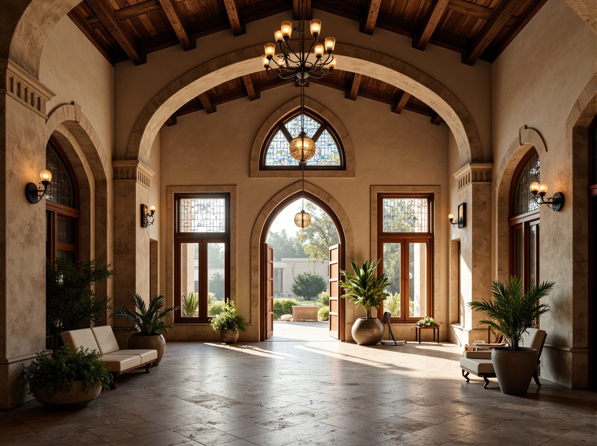 Prompt: Grand clinic entrance, Romanesque archways, rustic stone walls, ornate carvings, vaulted ceilings, stained glass windows, warm beige tones, natural stone flooring, wooden accents, elegant chandeliers, soft ambient lighting, subtle shadows, shallow depth of field, 1/1 composition, symmetrical framing, realistic textures, ambient occlusion.