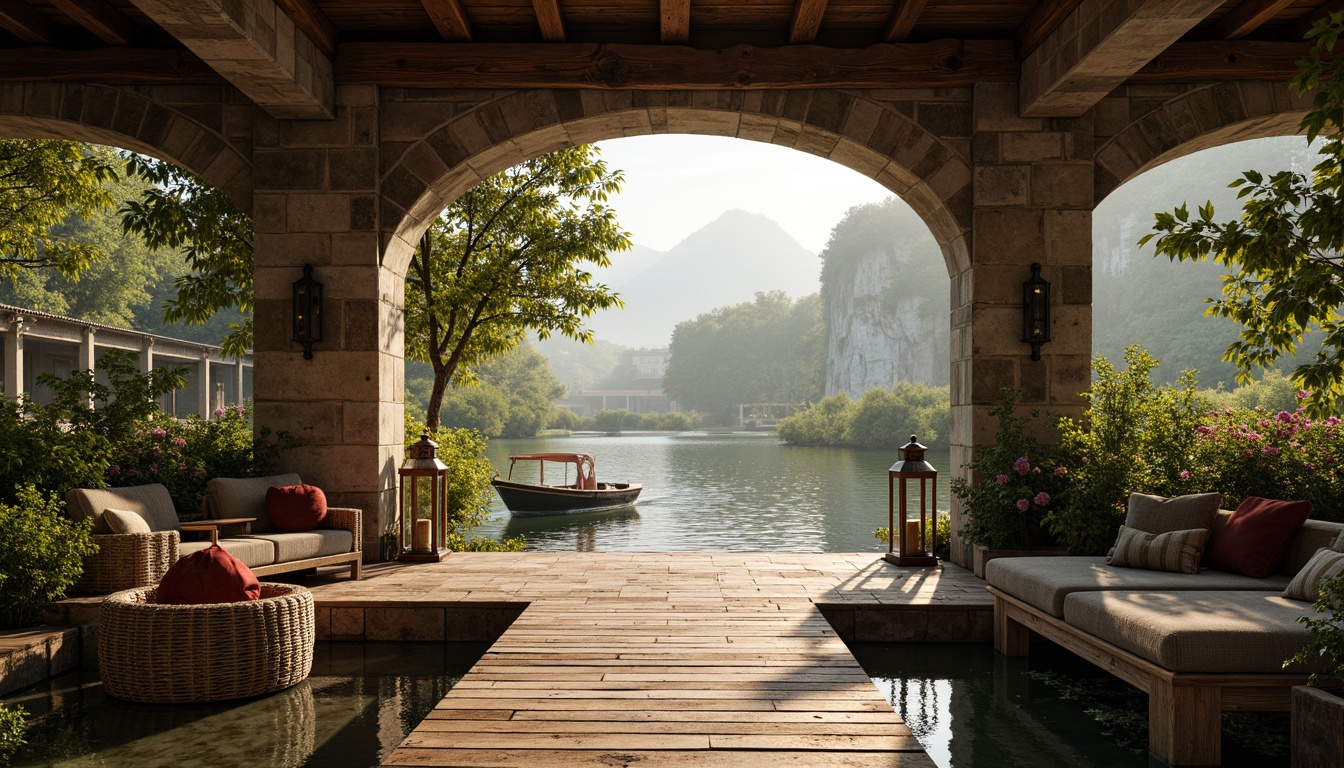 Prompt: Rustic boathouse, Romanesque arches, wooden dock, weathered wood tones, soft misty morning, tranquil lake scenery, lush greenery, vibrant aquatic plants, nautical ropes, vintage lanterns, distressed metal accents, earthy color palette, moss-covered stones, natural textiles, woven wicker furniture, warm golden lighting, shallow depth of field, 1/2 composition, atmospheric perspective, detailed wood grain textures.