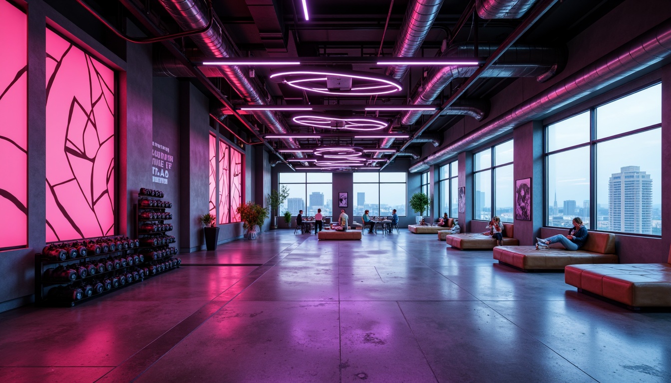 Prompt: Industrial chic fitness club, exposed ductwork, metallic beams, polished concrete floors, neon accent lights, dynamic LED installations, futuristic lighting fixtures, high-contrast color scheme, abstract geometric patterns, urban cityscape views, morning misty atmosphere, softbox lighting, 1/2 composition, cinematic depth of field, realistic reflections, ambient occlusion.