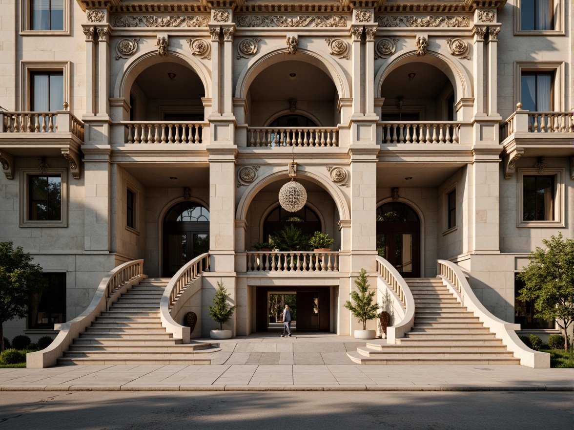 Prompt: Grandiose building facade, ornate columns, intricately carved details, symmetrical composition, majestic entrance, sweeping archways, grand staircases, limestone walls, marble accents, polished bronze fixtures, elegant balconies, ornamental railings, subtle curvature, soft warm lighting, shallow depth of field, 2/3 composition, realistic textures, ambient occlusion.