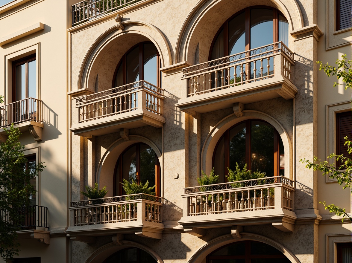 Prompt: Ornate Renaissance-style balconies, intricately carved stone balusters, ornamental metal railings, delicate filigree details, majestic arches, grandiose columns, symmetrical facades, classical pilasters, decorative cornices, lavish frescoes, ornate stucco work, warm golden lighting, soft afternoon sun, gentle shadows, 1/2 composition, shallow depth of field, realistic textures, ambient occlusion.