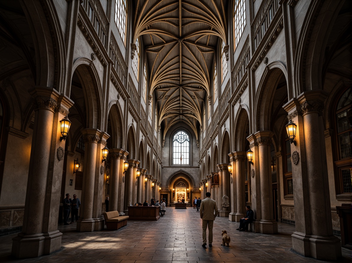 Prompt: Elegant Gothic cathedral, ornate stone carvings, stained glass windows, rich golden accents, intricate archways, vaulted ceilings, grandiose entrance doors, mystical ambiance, warm soft lighting, subtle shadows, dramatic depth of field, 1/2 composition, symmetrical framing, high contrast ratio, detailed textures, ambient occlusion, mysterious atmosphere.