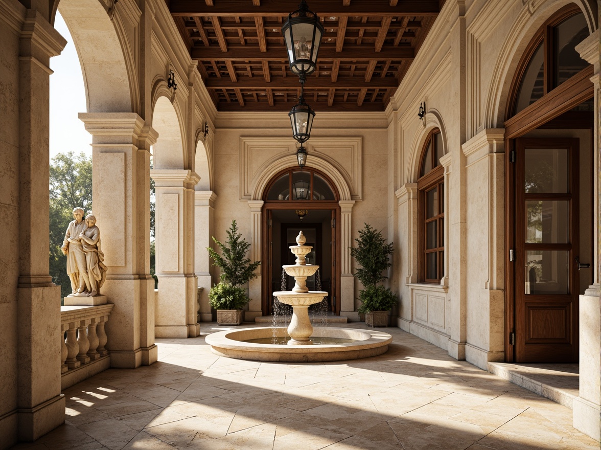 Prompt: Renaissance-style palace, grand entrance, ornate fountains, carved stone statues, natural travertine floors, rusticated walls, arched windows, decorative columns, intricately designed doorways, Tuscan-inspired pilasters, warm beige color palette, soft afternoon lighting, shallow depth of field, 1/2 composition, symmetrical framing, realistic textures, ambient occlusion.