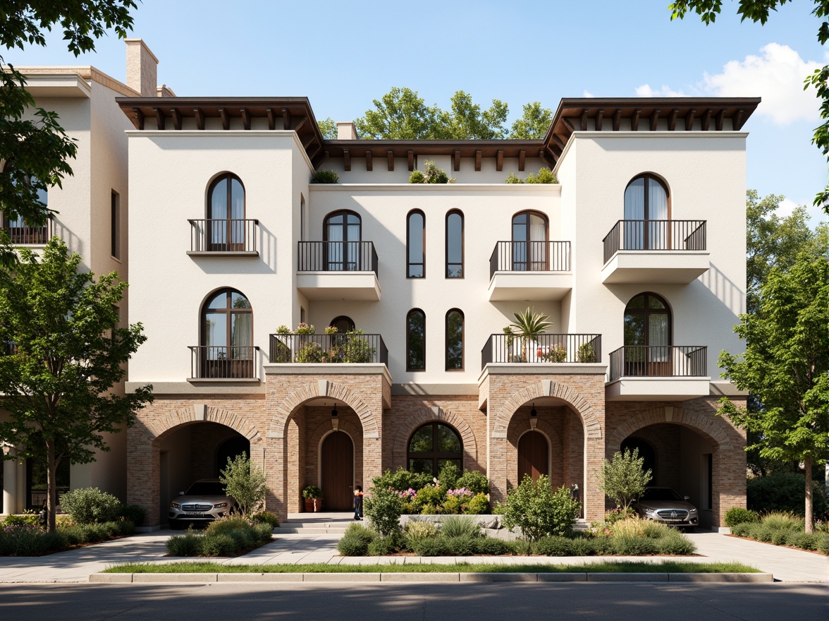 Prompt: Classic social housing facade, symmetrical composition, ornate details, neutral color palette, creamy whites, soft grays, beige tones, rustic brickwork, decorative cornices, grand entranceways, arched windows, columned porticos, intricate stonework, Juliet balconies, metal railings, ornamental roof finials, lush greenery, mature trees, vibrant flowerbeds, quiet neighborhood streets, warm sunny day, soft diffused lighting, shallow depth of field, 3/4 composition, realistic textures, ambient occlusion.