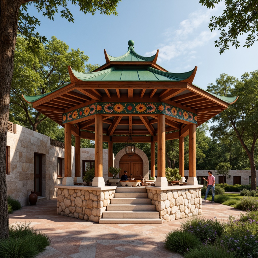 Prompt: Rustic pavilion, regionalism architecture style, earthy tones, natural stone walls, wooden accents, green roofs, curved lines, ornate details, cultural patterns, vibrant colors, intricate carvings, traditional ornaments, folk-inspired motifs, serene atmosphere, soft warm lighting, shallow depth of field, 3/4 composition, panoramic view, realistic textures, ambient occlusion.