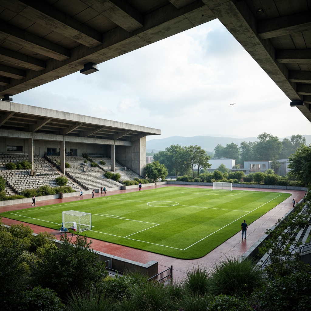 Prompt: Rugged sports field, brutalist architecture, concrete grandstands, steel beams, industrial pipes, exposed ductwork, raw textured walls, bold geometric shapes, vibrant green turf, athletic tracks, soccer goals, basketball hoops, tennis courts, dynamic lighting, dramatic shadows, misty morning atmosphere, naturalistic landscape integration, native plant species, wildflower meadows, weathered stone retaining walls, gravel pathways, scenic overlooks, panoramic views, realistic weathering effects, cinematic depth of field.