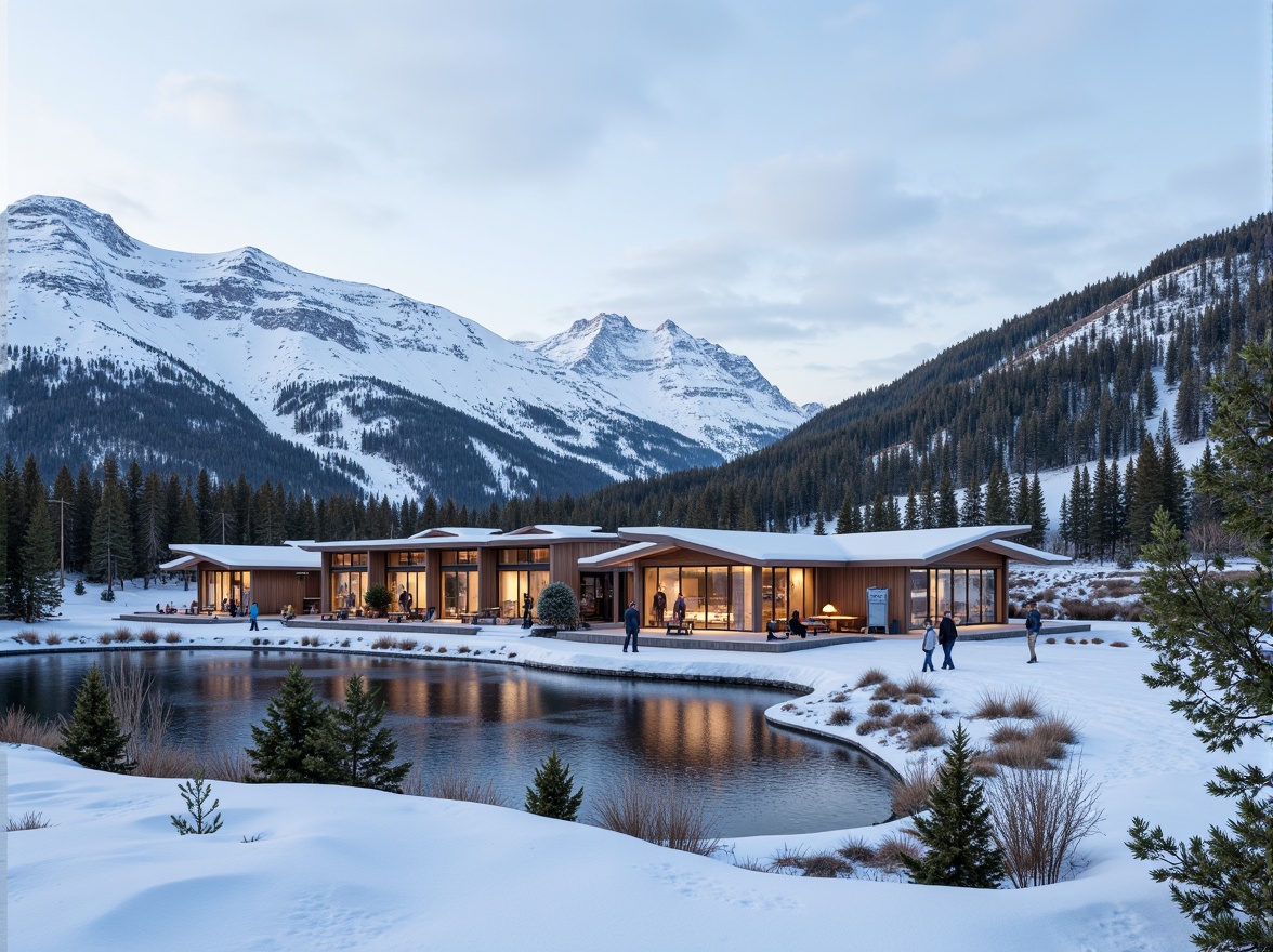 Prompt: Snow-capped mountains, lush forests, frozen lakes, ski trails, rustic wooden cabins, modern ski center architecture, large windows, glass facades, cantilevered roofs, minimalist design, functional simplicity, warm inviting interiors, stone fireplaces, wooden accents, comfortable seating areas, panoramic views, shallow depth of field, 3/4 composition, realistic textures, ambient occlusion.