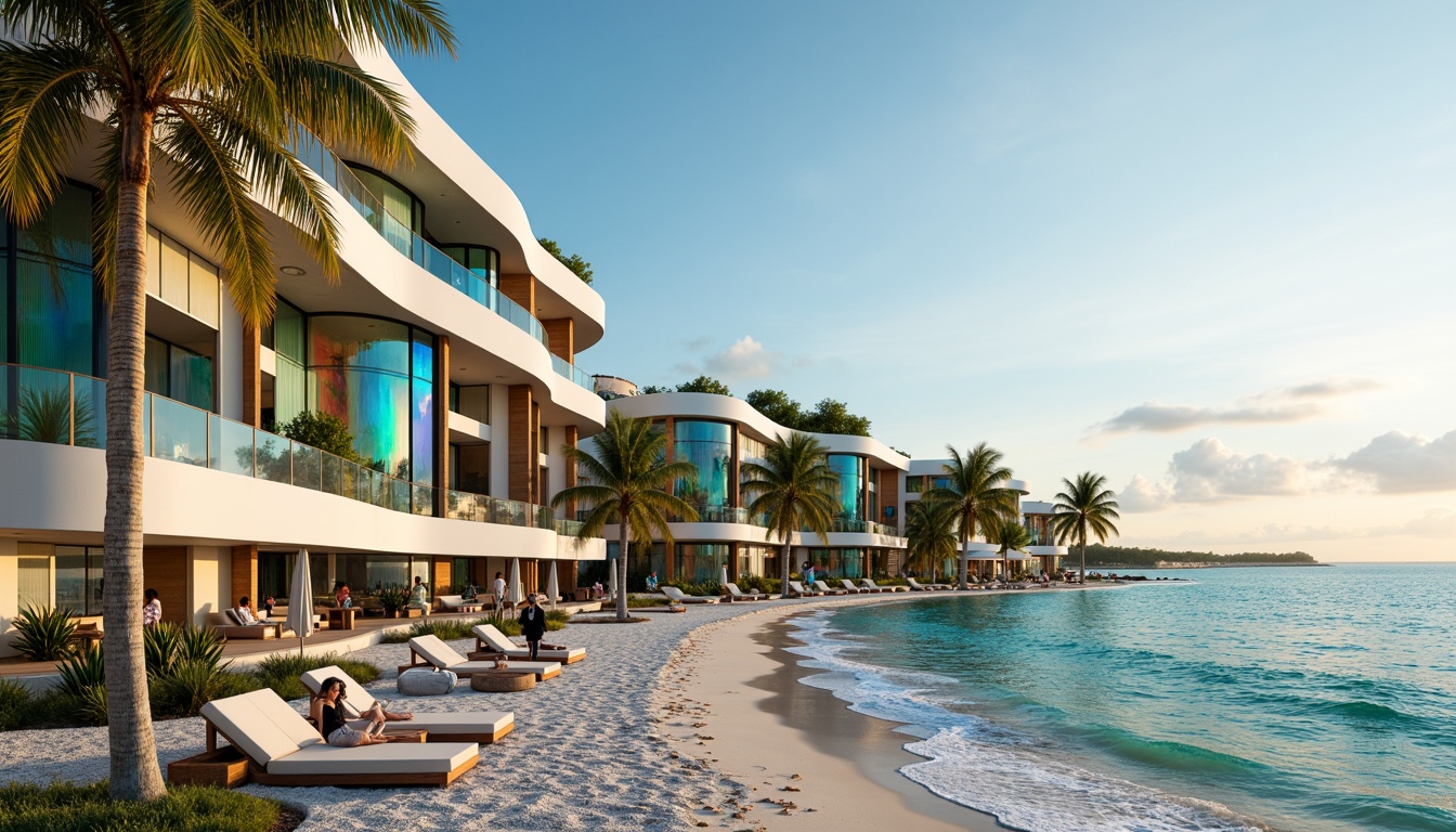 Prompt: Vibrant beachside villa, undulating curves, iridescent glass facades, turquoise waves, sugary white sand, coral reef-inspired columns, driftwood accents, ocean-blue shutters, seaside promenade, tropical palm trees, warm sunset glow, soft focus, 1/1 composition, symmetrical framing, reflective surfaces, ambient lighting, intricate mosaics, artisanal textures.