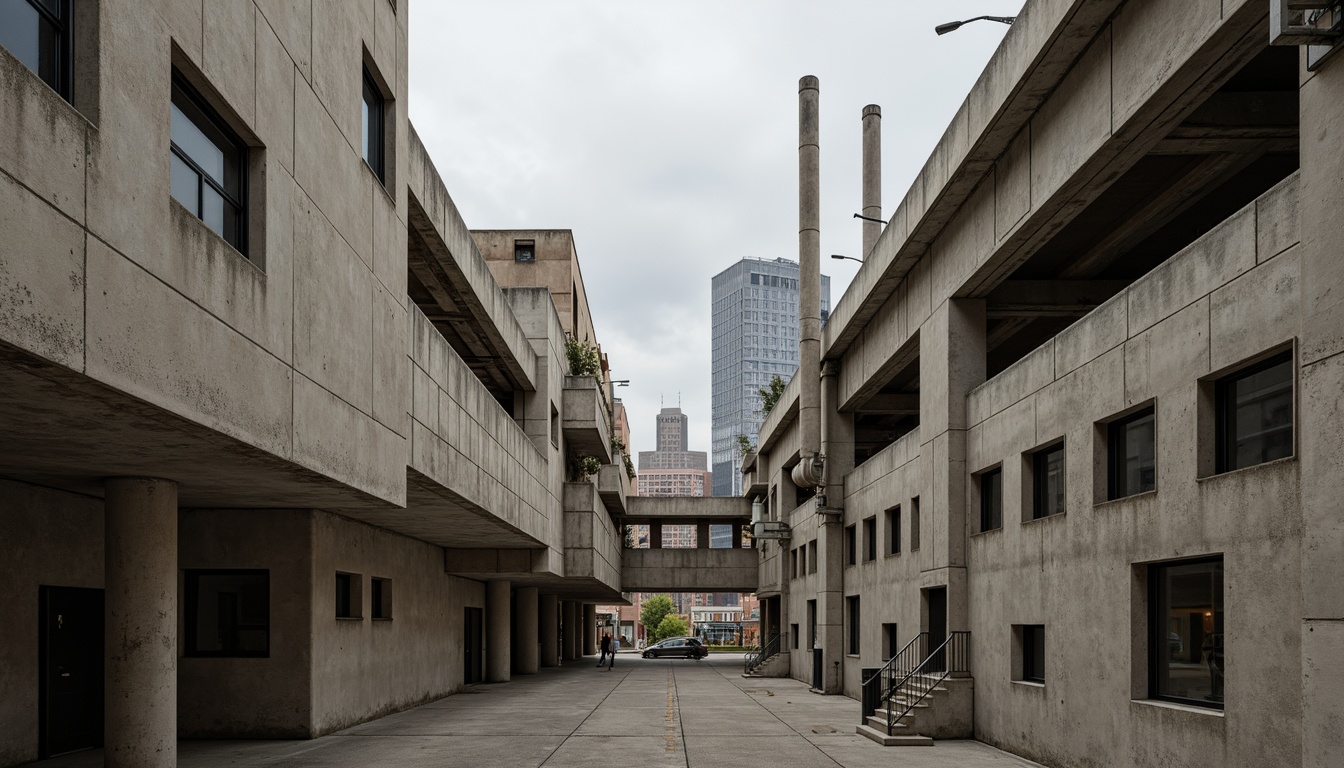 Prompt: Industrial concrete structures, rough textures, brutalist architecture, muted earth tones, weathered steel beams, exposed ductwork, raw concrete walls, industrial lighting fixtures, minimalist decor, urban cityscape, overcast sky, dramatic shadows, high contrast ratio, bold geometric shapes, distressed finishes, functional materials, utilitarian aesthetic, cold color temperatures, desaturated hues, monochromatic scheme, abstract composition, stark simplicity.