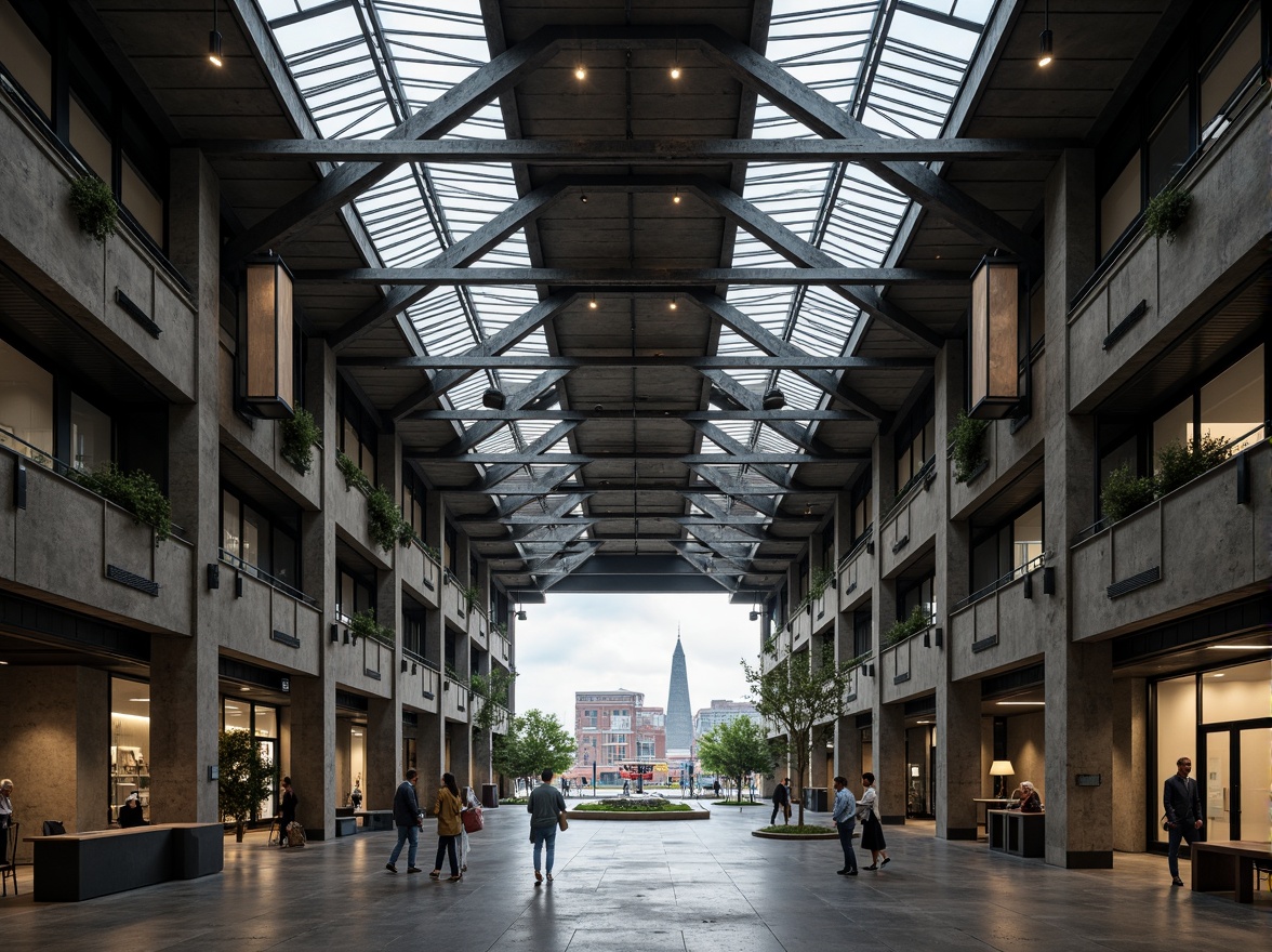 Prompt: Geometric warehouses, industrial chic, exposed ductwork, concrete floors, metal beams, minimalist decor, functional lighting, natural ventilation, skylights, clerestory windows, urban landscape, gritty cityscape, overcast day, soft diffused light, high contrast ratio, dramatic shadows, 1/2 composition, symmetrical framing, brutalist architecture, raw materials, utilitarian aesthetic, industrial heritage, revitalized landmarks.