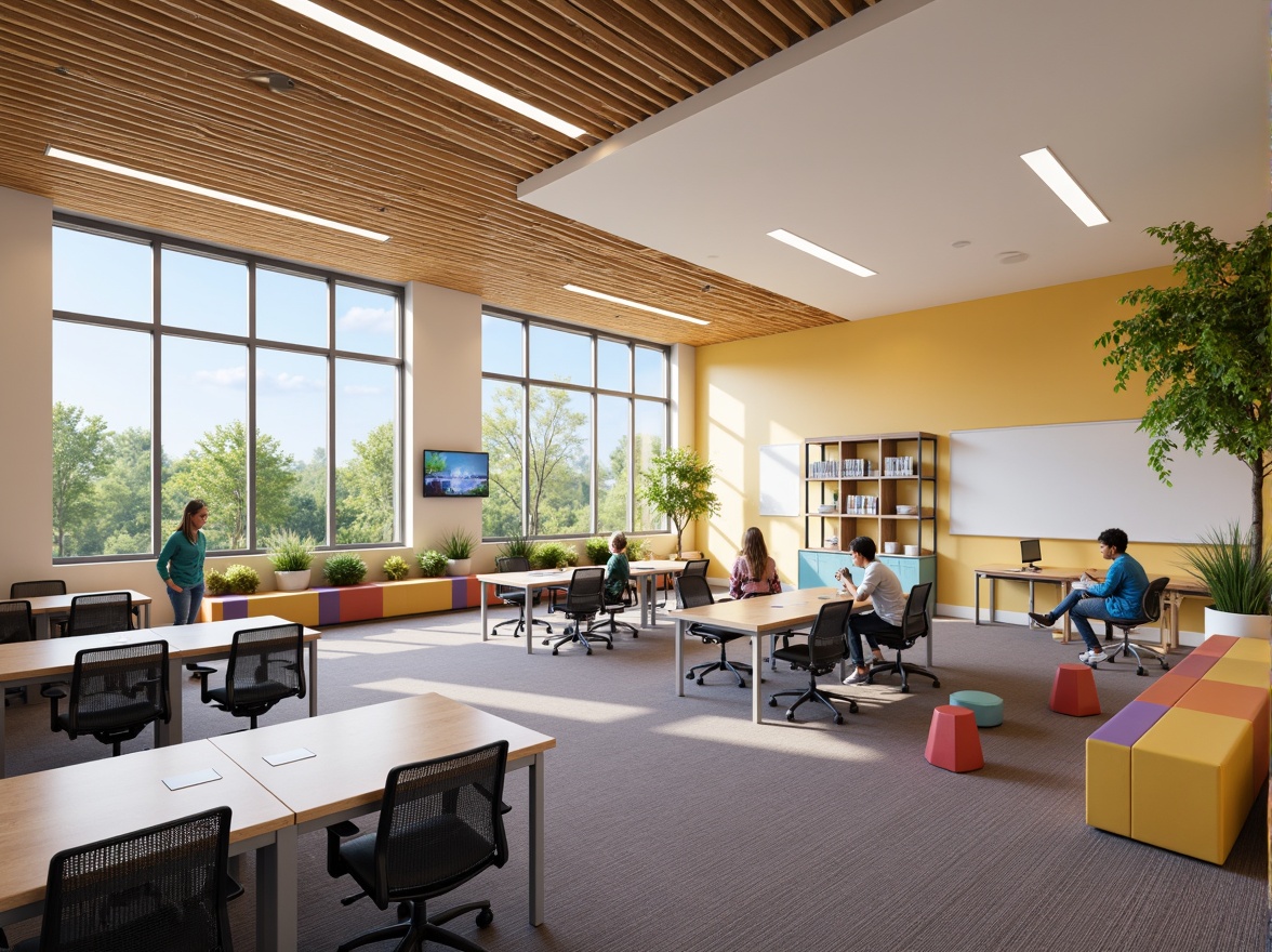 Prompt: Vibrant middle school interior, open flexible classrooms, collaborative learning spaces, modular furniture, colorful accent walls, natural wood tones, carpeted floors, ergonomic chairs, interactive whiteboards, technology integration, comfortable reading nooks, abundant natural light, soft warm lighting, 1/1 composition, shallow depth of field, realistic textures, ambient occlusion.