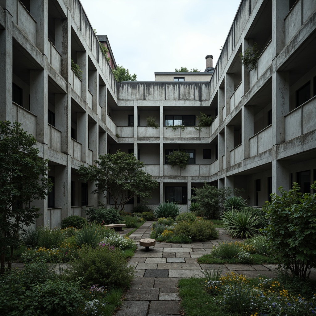 Prompt: Rugged concrete buildings, brutalist architecture, middle school courtyard, dense foliage, wildflowers, meandering pathways, weathered wood benches, industrial-style lighting, exposed ductwork, raw concrete textures, muted color palette, overcast skies, dramatic shadows, 1/1 composition, symmetrical framing, cinematic atmosphere, subtle misting effect.