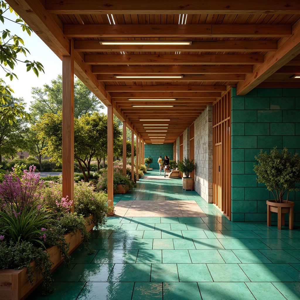 Prompt: Vibrant pavilion, warm wooden accents, rich turquoise tiles, soft golden lighting, lush greenery, exotic flowers, sleek metal frames, curved lines, geometric patterns, natural stone walls, earthy tones, subtle texture variations, ambient occlusion, shallow depth of field, 1/1 composition, realistic renderings.