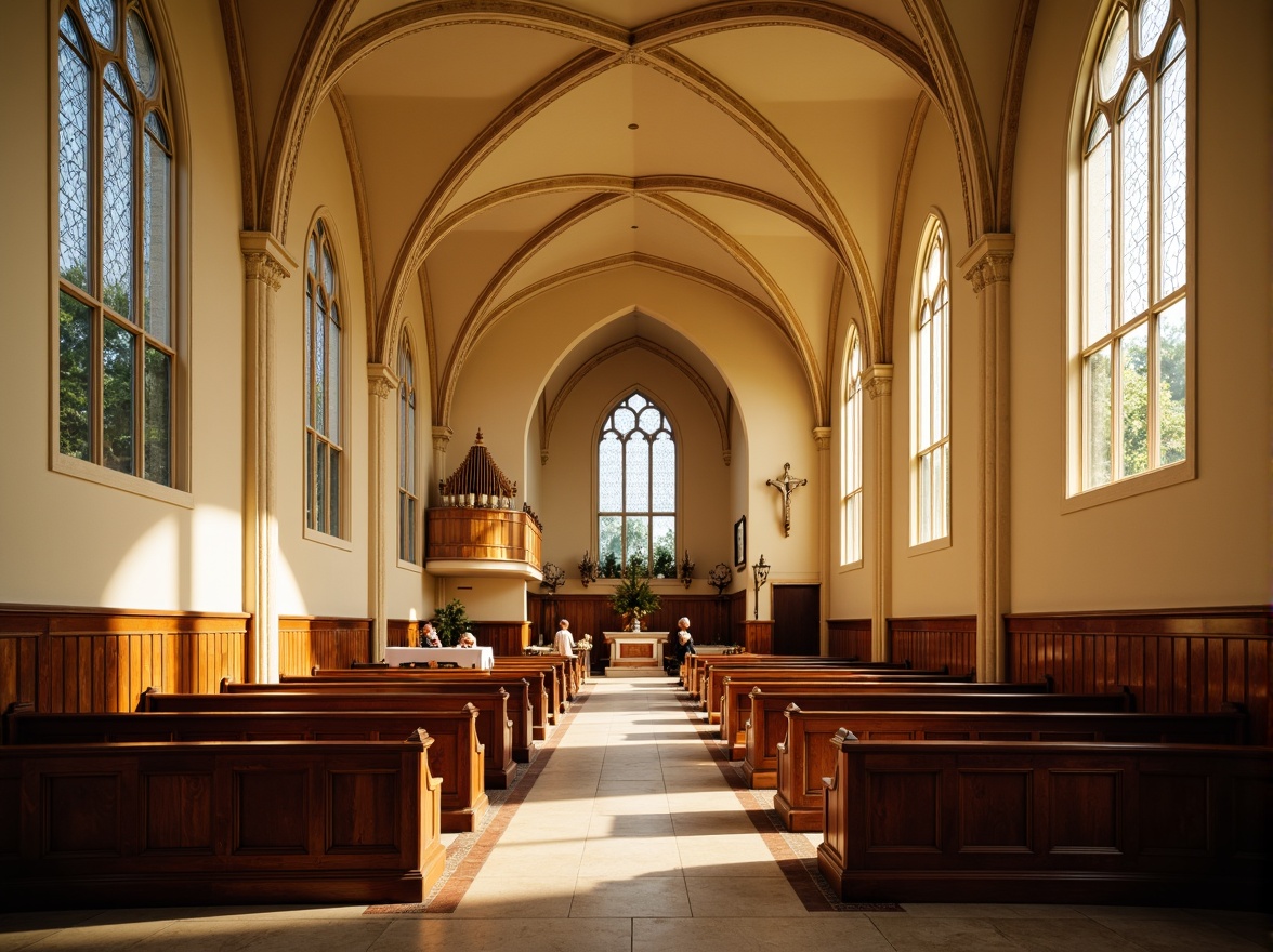 Prompt: Elegant church interior, warm golden lighting, soft cream walls, rich walnut wood accents, ornate stained glass windows, intricate stone carvings, vaulted ceilings, subtle natural textures, muted earthy tones, serene atmosphere, peaceful ambiance, gentle color transitions, harmonious palette, subtle contrast, 1/1 composition, soft focus, realistic rendering.