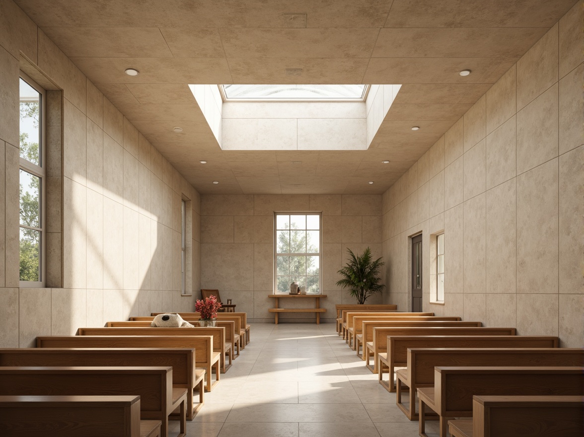 Prompt: Sparse interior, minimalist decor, plain stone walls, subtle stained glass windows, soft diffused light, gentle color palette, serene atmosphere, empty space, simple wooden pews, clean lines, sparse ornaments, subtle textures, warm beige tones, natural materials, calm ambiance, high ceilings, clerestory windows, indirect lighting, 1/1 composition, shallow depth of field, realistic reflections.