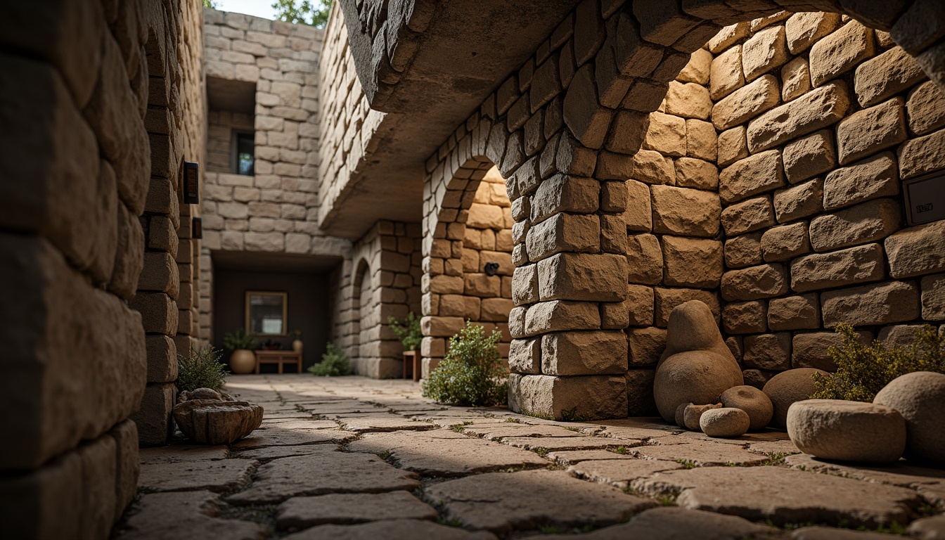 Prompt: Rough-hewn lavacrete walls, rustic stone textures, earthy color palette, organic natural forms, intricate veining patterns, glossy mineral deposits, ambient occlusion, warm soft lighting, shallow depth of field, 1/2 composition, detailed close-up view, realistic material properties, weathered surfaces, ancient architectural elements, mystical atmosphere, misty foggy environment.