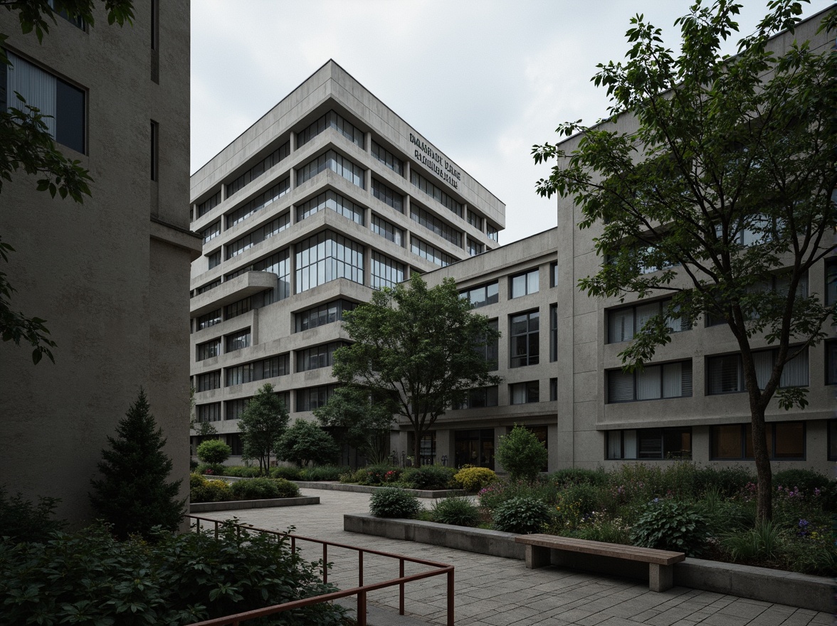 Prompt: Rugged concrete walls, brutalist architecture, middle school buildings, educational signage, urban landscape integration, dense foliage, mature trees, weathered wooden benches, rusty metal railings, irregular stone pavers, overcast skies, moody lighting, dramatic shadows, 1/2 composition, atmospheric perspective, realistic textures, ambient occlusion.