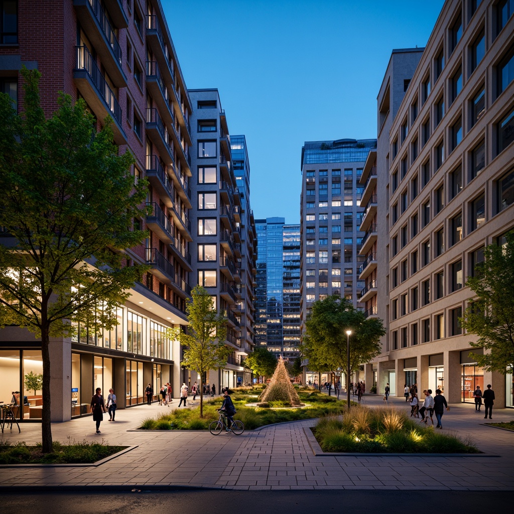 Prompt: Vibrant cityscape, mixed-use development, pedestrian-friendly streets, green roofs, public art installations, urban parks, walkable neighborhoods, bike lanes, street furniture, modern architecture, LED lighting, nighttime ambiance, shallow depth of field, 1/2 composition, realistic textures, ambient occlusion.