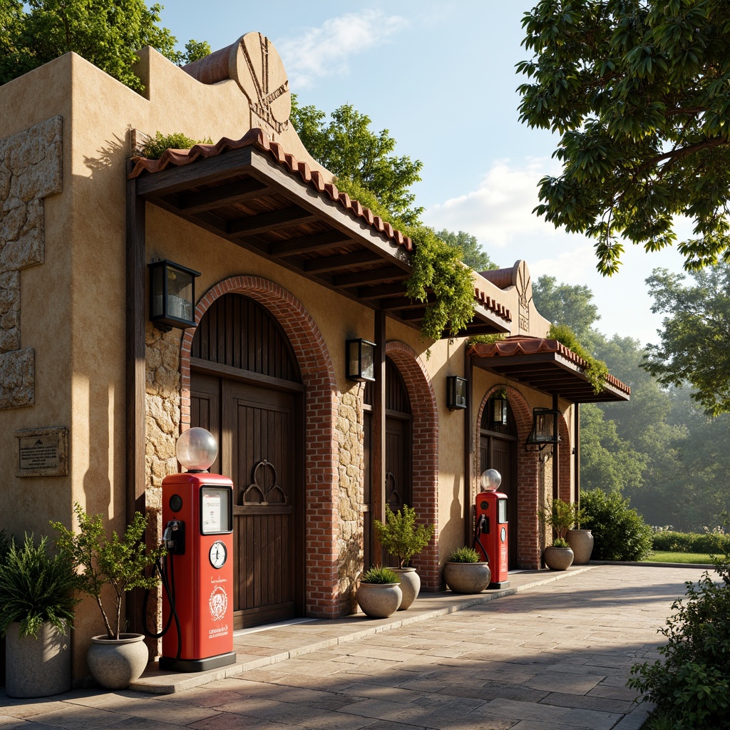 Prompt: Rustic gas station, earthy tone bricks, moss-covered walls, ornate stone carvings, curved archways, heavy wooden doors, wrought iron lanterns, vintage fuel pumps, distressed metal signs, warm beige stucco, terracotta roof tiles, lush greenery, vibrant flowers, natural stone walkways, soft warm lighting, shallow depth of field, 3/4 composition, panoramic view, realistic textures, ambient occlusion.Please let me know if you need any adjustments or modifications!