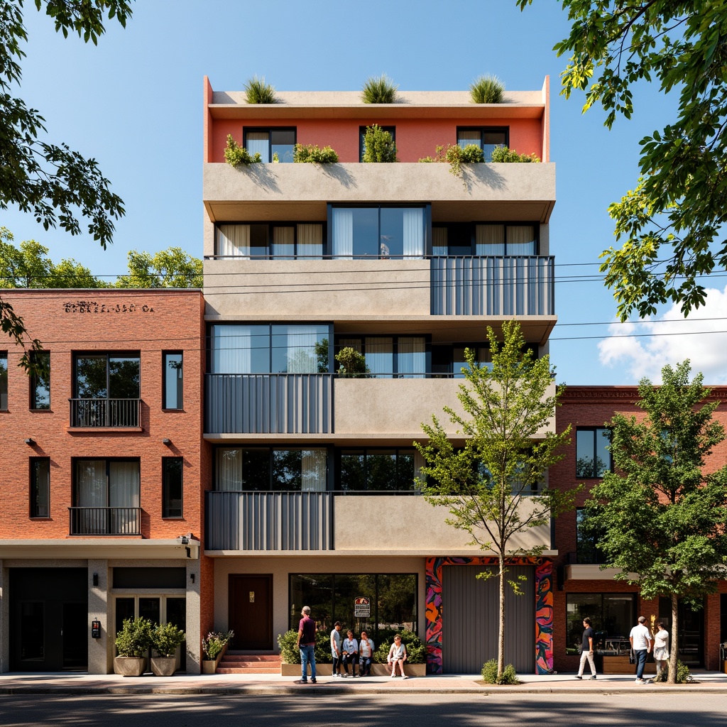 Prompt: Vibrant community, eclectic facade, mismatched windows, playful colors, urban social housing, concert house architecture, dynamic balconies, cantilevered structures, corrugated metal cladding, brick accents, industrial chic, graffiti-inspired murals, lively street art, bustling cityscape, afternoon sunlight, high contrast lighting, 1/2 composition, symmetrical framing, cinematic atmosphere, realistic materials, ambient occlusion.