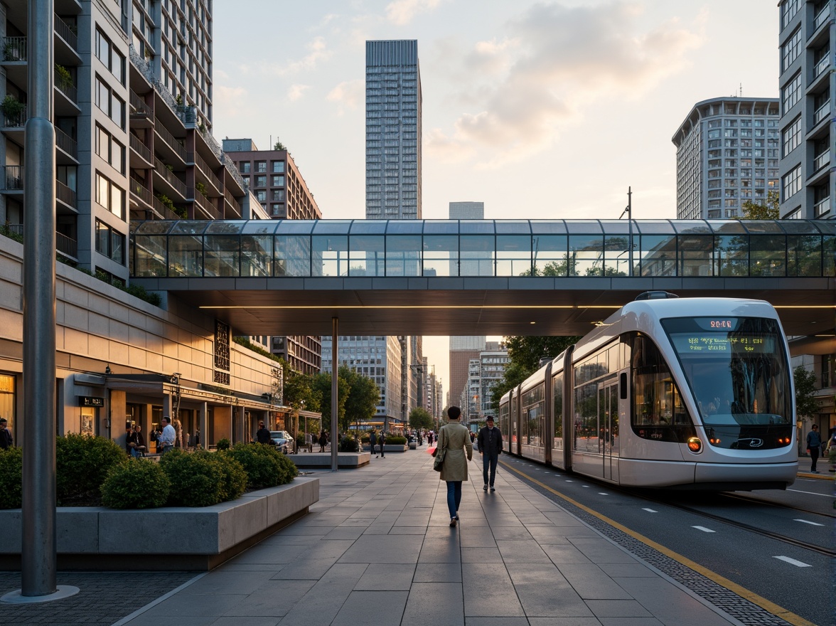 Prompt: Futuristic tram station, sleek metallic structures, curved lines, LED lighting systems, energy-efficient solutions, solar panels, green roofs, recycled materials, minimalist design, modern architectural style, urban cityscape, bustling streets, morning commute, soft warm lighting, shallow depth of field, 3/4 composition, panoramic view, realistic textures, ambient occlusion.