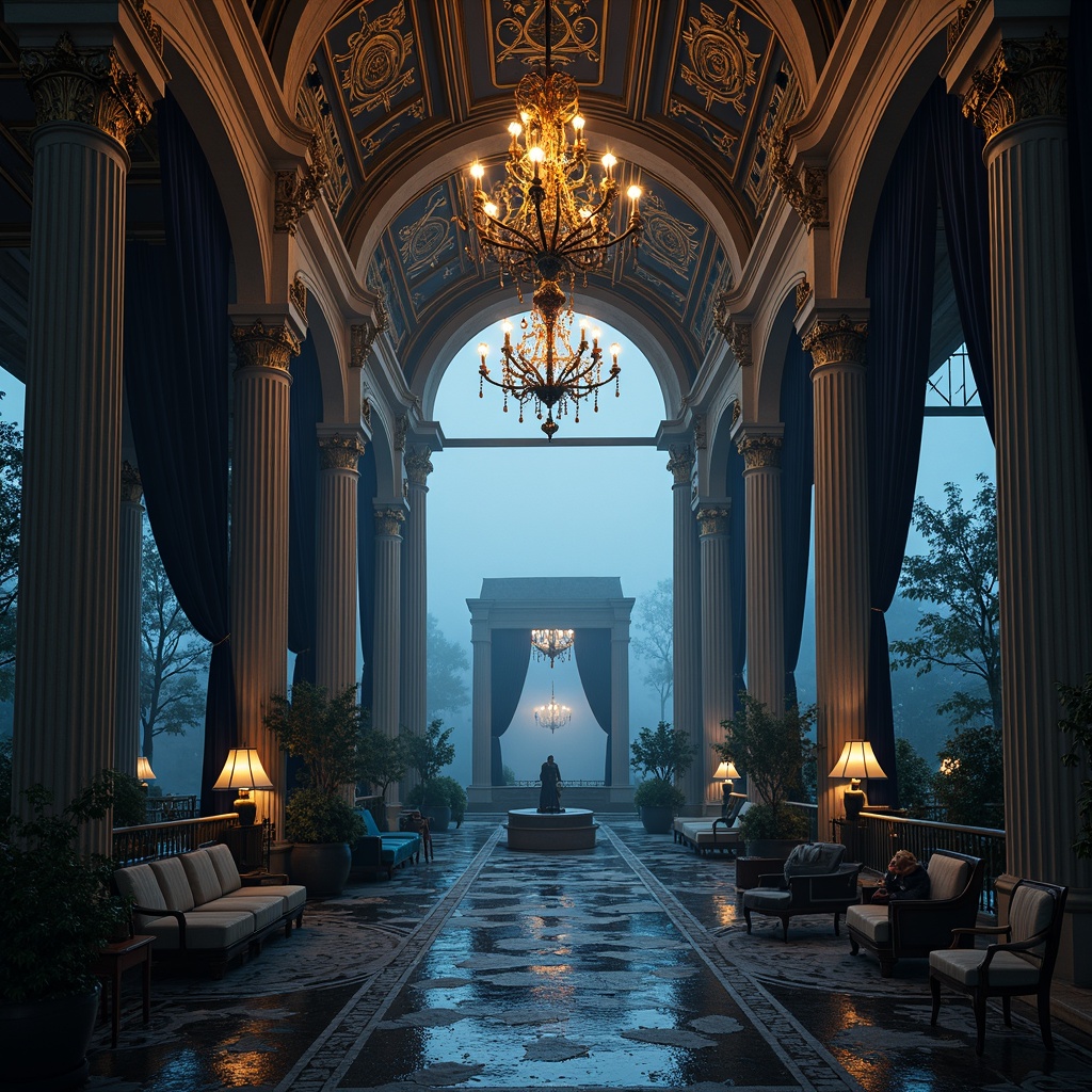 Prompt: Richly textured Prussian blue facades, ornate gold accents, majestic columns, grandiose arches, intricate stone carvings, luxurious velvet drapes, opulent crystal chandeliers, lavish furnishings, regal throne-like seating, dramatic spot lighting, warm ambient glow, cinematic shadows, 1/2 composition, low-angle shot, atmospheric mist, mysterious foggy morning, mystical ancient ruins, Baroque-inspired ornamentation.