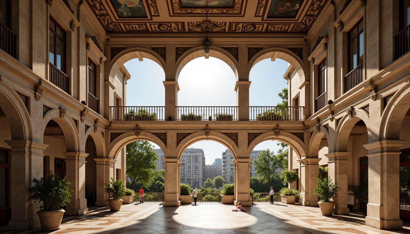 Prompt: Grand Renaissance palazzo, ornate stone balconies, intricately carved railings, decorative metalwork, arched openings, classical columns, marble flooring, frescoed ceilings, lush greenery, ornamental flowerpots, majestic city views, warm sunny day, soft natural lighting, shallow depth of field, 1/2 composition, symmetrical framing, realistic textures, ambient occlusion.