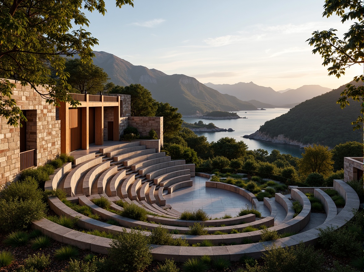 Prompt: Tiered seating, grand amphitheater, natural stone walls, lush greenery integration, curved lines, rustic wooden accents, earthy tones, outdoor performance space, scenic vistas, rolling hills, majestic mountains, serene lake views, warm sunset lighting, soft focus effect, 1/2 composition, atmospheric perspective, realistic rock textures, ambient occlusion.