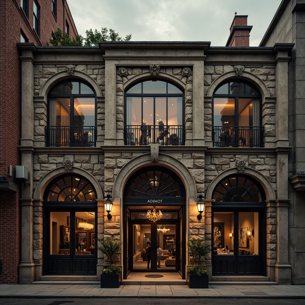 Prompt: Rustic stone walls, arched windows, grand entrance doors, ornate metalwork, industrial piping, distressed brick textures, vintage machinery, reclaimed wood accents, exposed ductwork, urban cityscape, overcast sky, dramatic shadows, warm golden lighting, 1/2 composition, cinematic view, realistic weathering, ambient occlusion.