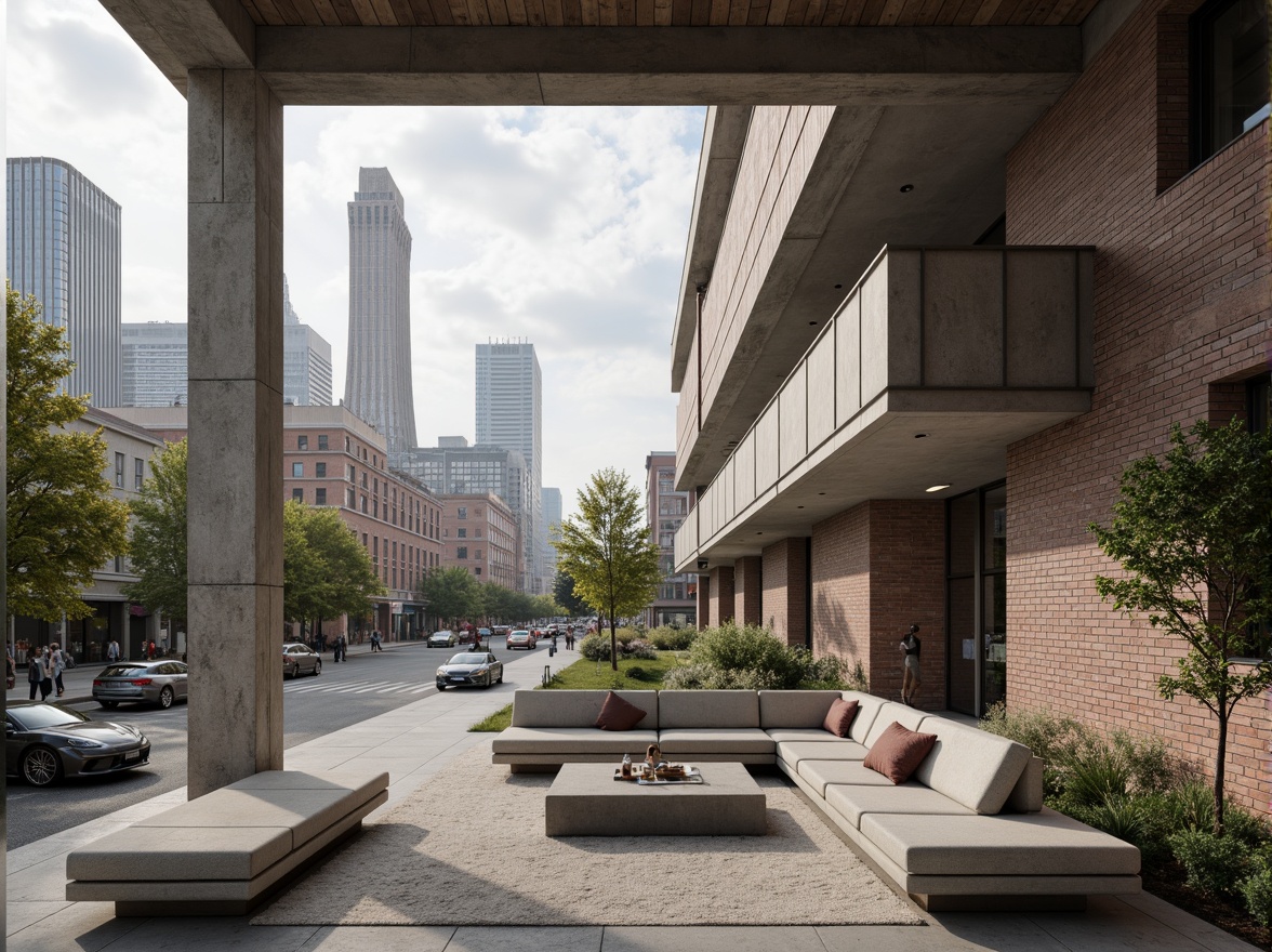 Prompt: Rugged brutalist architecture, raw concrete walls, exposed brick facades, weathered wooden accents, natural stone columns, rough-hewn granite floors, industrial metal beams, minimalist interior design, ample natural light, dramatic shadows, high ceilings, urban cityscape, busy streets, modern skyscrapers, cloudy grey skies, harsh direct lighting, 1/1 composition, realistic textures, ambient occlusion.